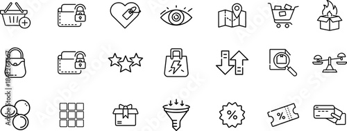 Shopping icons represent various aspects of retail experience including core elements like checkout and cart. These icons
