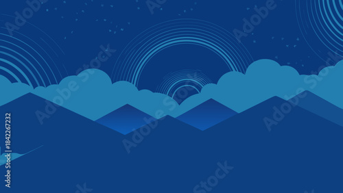 Illustration of a night landscape with mountains clouds stars and concentric circles in shades of blue