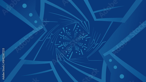 Abstract blue tunnel with geometric shapes and central snowflake like design creating a vortex effect