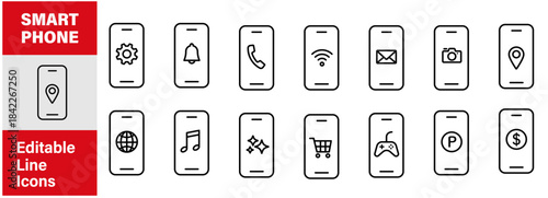 スマホ.スマートフォンとアプリの編集可能な線画イメージイラストアイコン2