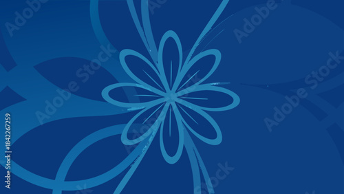 Floral design with a central flower and swirling patterns on a blue monochromatic background art work
