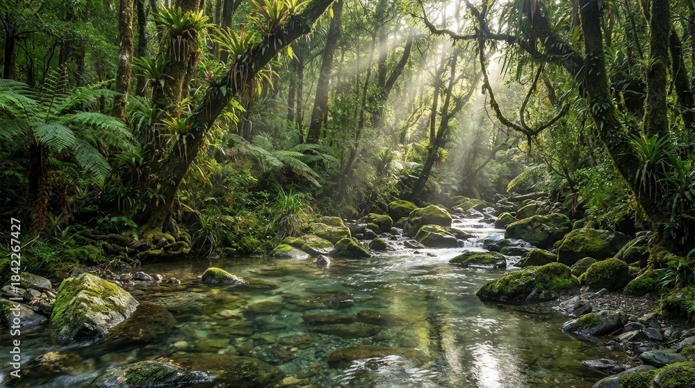 Obraz premium Tranquil Stream Flowing Through Lush Forest, Nature Scene, Morning Light, Scenic Photography, Serene Environment, Nature Concept