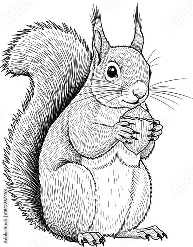 Detailed black and white illustration of a squirrel holding a nut