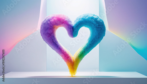 Furry heart shape pastel gradient plush sculpture stands on minimal white platform, soft lighting creates dreamy, whimsical, joyful atmosphere, perfect for modern decor