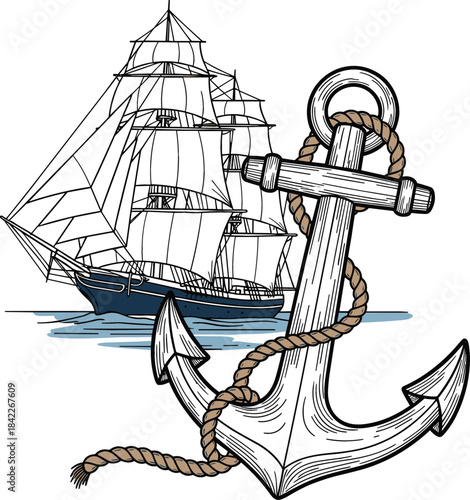 Detailed nautical vector illustration featuring a vintage tall ship anchor wrapped in rope, set against a classic black and white sailing frigate on the sea.