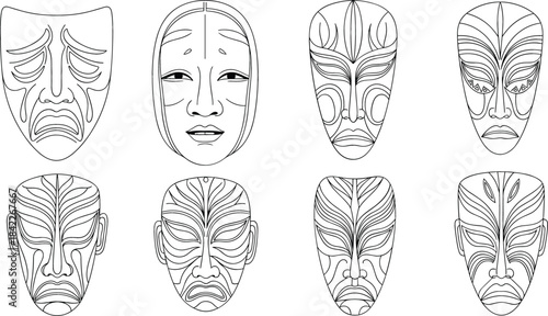 Diverse stylized mask line art illustrations
