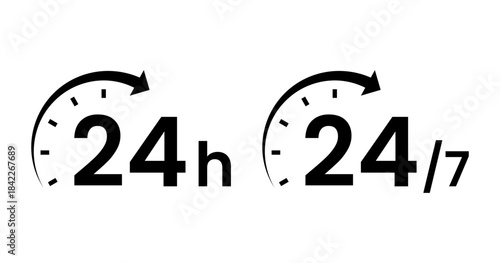 24 Hours and 24/7 Service Icon Set with Clock Arrow for Customer Support