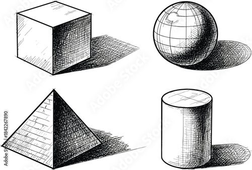 Hand drawn geometric shapes with shading and shadows on white background