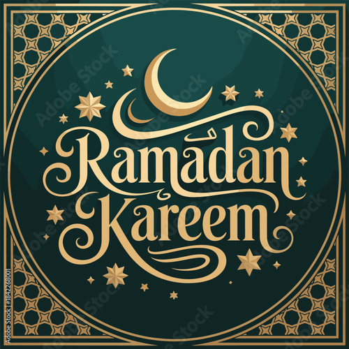 Gold and dark green Ramadan Kareem greeting card with crescent moon and stars