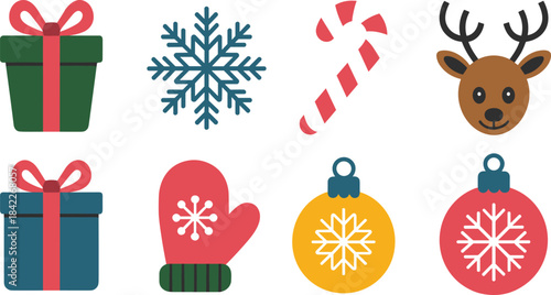 Colorful Christmas including gifts snowflakes candy cane reindeer mitten and baubles