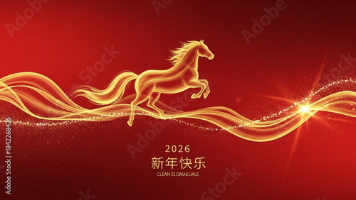 Golden horse on red wave created with generated ai