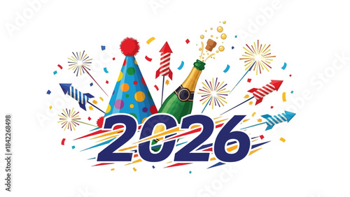 Happy new year 2026 celebration with party hat and champagne cork popping