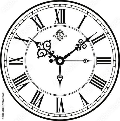 Create of Vintage clock face with Roman numerals and retro hands. Victorian clock dial with hands and Roman numbers. Vector illustration