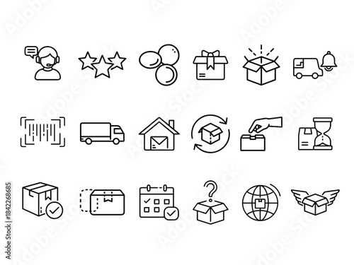 Shipping order management icons represent various aspects of logistics and delivery processes, enhancing efficiency
