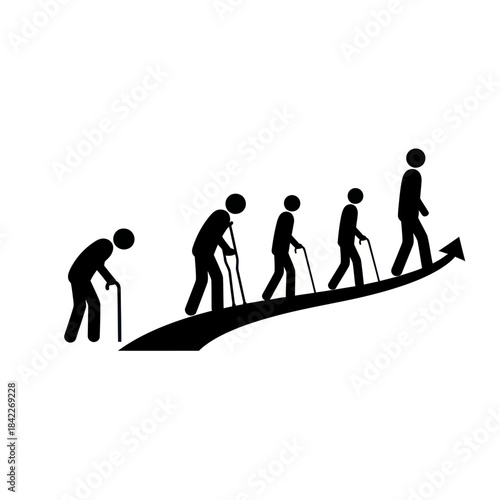 Aging process with stick figures walking up an arrow.