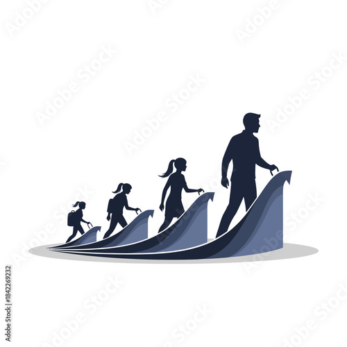 Silhouettes of a family climbing up a graph representing growth and success.