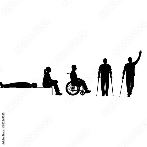 Silhouettes of people with disabilities and injuries in various stages of recovery.