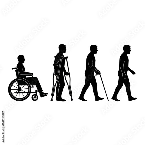 Silhouette of a mans recovery from wheelchair to walking independently.