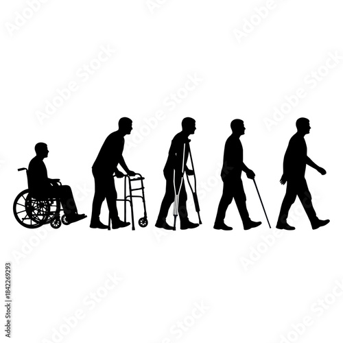 Silhouette of a persons journey through life with mobility aids.