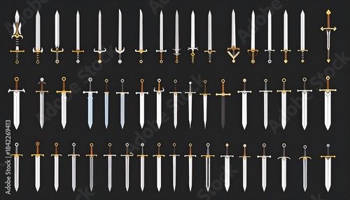 Assortment of historically inspired swords, arranged in three rows on a dark background