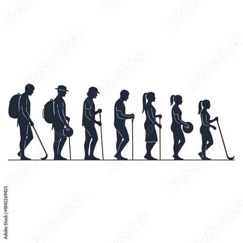 Silhouettes of a diverse group of hikers walking in a line.