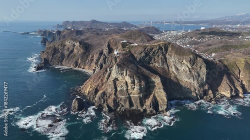 4K Aerial drone view of Cape Chikyu cliffs and Pacific ocean