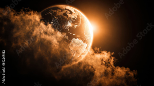 An artistic rendition of Earth, showcasing the planet amidst clouds and the radiant sun