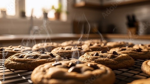 Freshly Baked Chocolate Chip Cookies Cooling on a Rack.