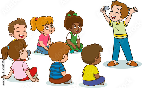 Cute children playing together. Fun pretend play. Classroom activity. White background vector illustration