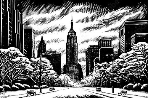 snowy sketch of New York City featuring tall buildings, snow covered streets, classic city lights, and outlined structures creating a cold yet lively urban winter atmosphere