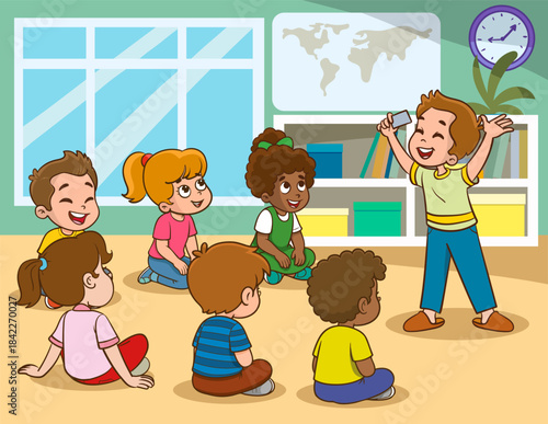 Cute children playing together. Fun pretend play. Classroom activity. White background vector illustration