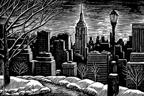 snowy sketch of New York City featuring tall buildings, snow covered streets, classic city lights, and outlined structures creating a cold yet lively urban winter atmosphere