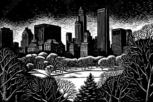 snowy sketch of New York City featuring tall buildings, snow covered streets, classic city lights, and outlined structures creating a cold yet lively urban winter atmosphere