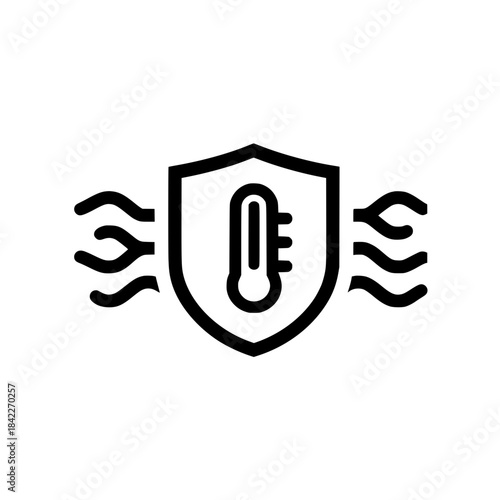 Shield with rising temperature thermometer graphic illustrating thermal safety and heat resistance