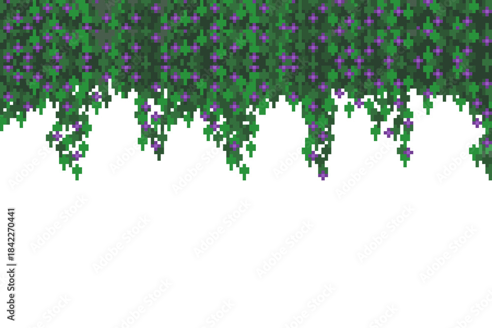 Fototapeta premium Pixel art border of hanging green leaves and purple flowers creating a natural frame. This retro 8-bit nature element is perfect for game backgrounds or overlays for jungle, forest, or park scenes.