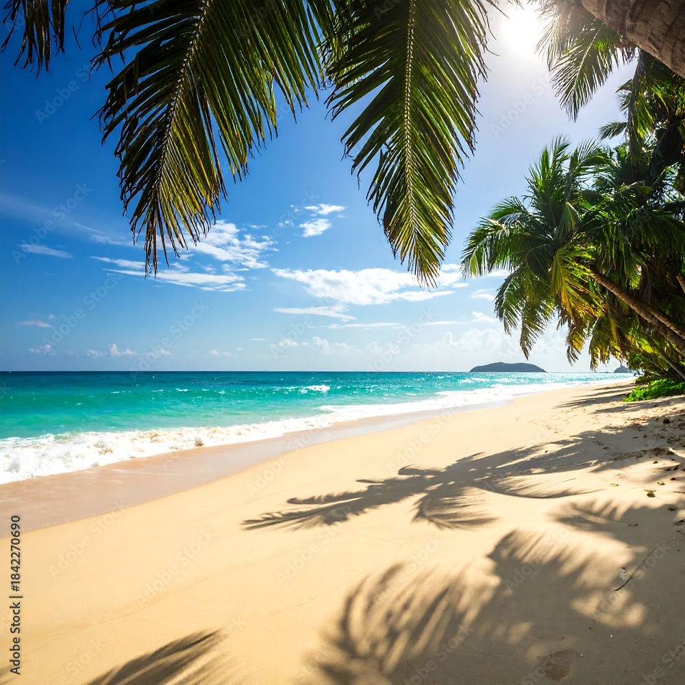 Obraz premium Tropical beach scene with palm trees, blue water, and sunlight