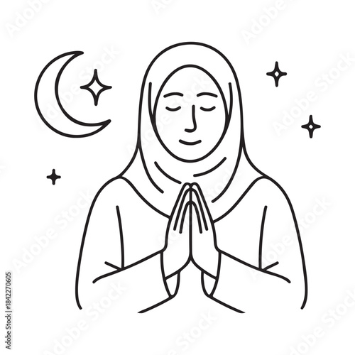Peaceful Muslim Woman in Hijab Praying or Greeting Under a Night Sky