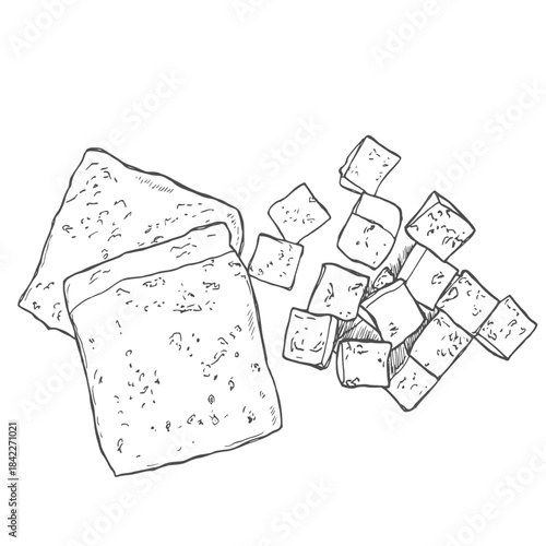 Hand drawn sketch design of tofu, for foodstuffs, from soybeans, Asian, Asian food, Chinese food, Indonesia, and others