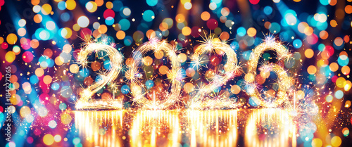 new year 2026 fireworks sparkling with colorful bokeh background