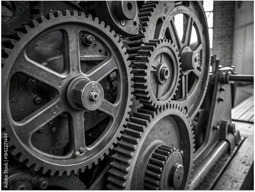 Industrial Gears Black and White Close-Up - Mechanical Engineering Background
