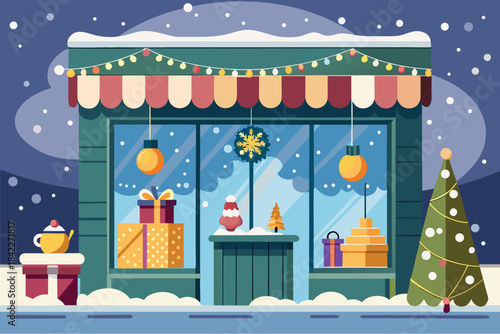 Cozy winter shop facade with festive lights, gifts and holiday decorations in snowfall