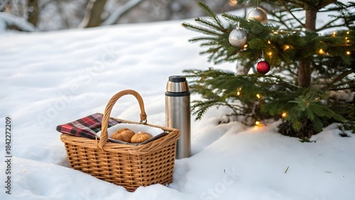 Charming Snowy Outdoor Picnic Scene with Wicker Basket, Warm Tea Thermos, Fresh Pastries, and a Small Decorated Tree Creating a Cozy Winter Retreat Filled with Holiday Warmth and Tranquility