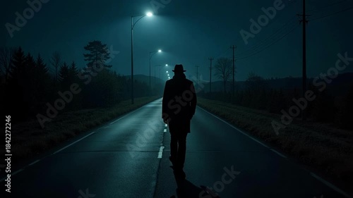 Cinematic silhouette of a man walking alone on a lonely asphalt road at night with dim lighting, dramatic and mysterious 4k video footage