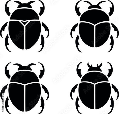 Four black scarab beetles silhouette on white background