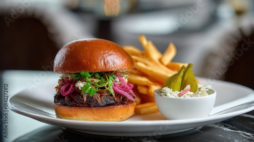 Gourmet pulled pork burger served with crispy fries