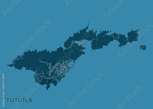 Map of Tutuila Island, rendered in shades of blue. The island's shape is clearly defined against a lighter blue background, representing the surrounding ocean.