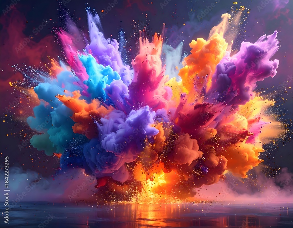 Naklejka premium Vivid explosion of colorful smoke filling the dark, ethereal space
