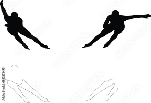 Speed skating, athlete silhouette, motion outline, black vector, skating pose, sports action, dynamic movement, winter sport, training, competitionSpeed skating, athlete silhouette