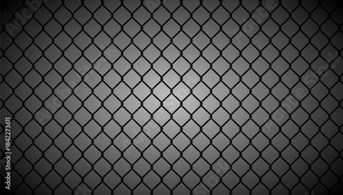 Close up illustration of a dark chain-link fence or wire mesh with a subtle spotlight effect, fading to black on the edges. Ideal as a background or texture.