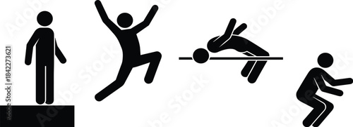 Athletic jump, high jump, long jump, squat pose, sports silhouette, black vector, training motion, exercise icon, dynamic movement, illustrationAthletic jump, high jump, long jump